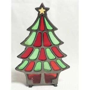 Vintage Interpur Cast Iron Stained Glass Christmas Tree Candle Holder